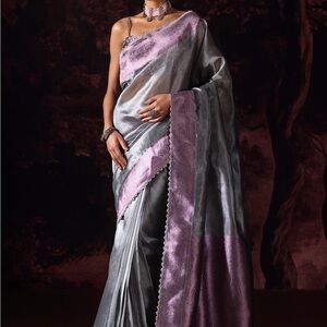 Lashkaraa Elegant Silver and Purple Tissue Saree (pre-stitched)